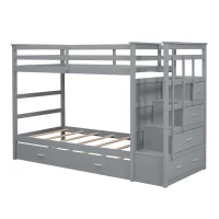 Modern Twin-over-Twin Bunk Bed with Trundle and 4 Storage Drawers, Sturdy Wooden Bed with Side Staircase, 97" L x 42.5" W x 65.5" H, Gray(m-2)