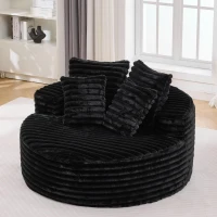 Plush Oversized Round Lounge Chair with Segmented Backrest, Velour Sofa with 4 Pillows and No Assembly, 54.5'' L x 54.5" W x 33" H, Black(m-9)