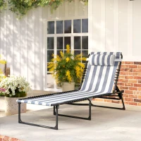 Outsunny Folding Chaise Lounge Pool Chair with 4-Position Reclining Back, Pillow, Breathable Mesh & Bungee Seat, Blue & White(m-8)