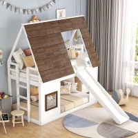 Chic Wood House Bunk Bed with Roof, Ladder and Slide, Kid-Friendly Twin Bed for Bedroom Kids Room, 78.5" L x 41.5" W x 81.5" H, White+Brown(m-5)