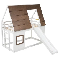 Chic Wood House Bunk Bed with Roof, Ladder and Slide, Kid-Friendly Twin Bed for Bedroom Kids Room, 78.5" L x 41.5" W x 81.5" H, White+Brown(m-14)