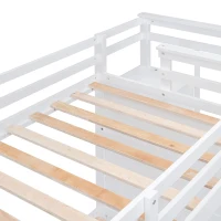 Elegant Twin-over-Twin Bunk Bed with Trundle and 4 Storage Drawers, Sturdy Pine Bed with Staircase and Slats, 97" L x 42.5" W x 65.5" H, White(m-8)