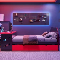 Sleek Full-Size Daybed with Twin Trundle and Desk, Modern Gaming Bed with USB Port and Cable Management, 92" L x 58" W x 35.5" H, Red(m-1)