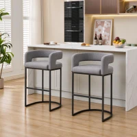 Soft Set of 2 Counter-Height Bar Stools with Chenille, Ergonomic Kitchen Chairs with Metal Legs and Footrests, 22'' L x 20" W x 36" H, Light Grey(m-4)