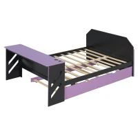 Modern Full-Size Daybed with Twin Trundle and Desk, Sturdy Sofa Bed with USB Port and Cable Management, 92" L x 58" W x 35.5" H, Purple(m-11)