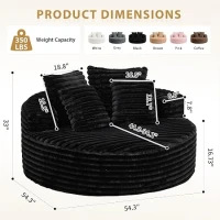 Plush Oversized Round Lounge Chair with Segmented Backrest, Velour Sofa with 4 Pillows and No Assembly, 54.5'' L x 54.5" W x 33" H, Black(m-3)