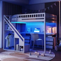 Chic Full-Size Loft Bed with Desk and LED Light, Space-Saving Storage Bed with 2 Drawers and Side Stairs, 79" L x 74.5" W x 68" H, White(m-4)