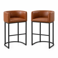 Elegant Set of 2 Counter-Height Bar Stools with PU Leather, Comfortable Kitchen Chairs with Armrests and Footrests, 22'' L x 20" W x 36" H, Brown(m-2)