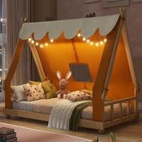 Whimsical Twin House Bed with Detachable Tent and Skylight, Sturdy Kids Wooden Platform Bed with 8 Slats, 79.5" L x 41" W x 63" H, Brown(m-5)