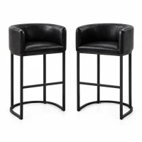 Elegant Set of 2 Counter-Height Bar Stools with PU Leather, Comfortable Kitchen Chairs with Armrests and Footrests, 22'' L x 20" W x 36" H, Black(m-2)