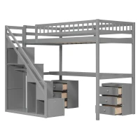 Modern Twin Loft Bed with Desk and Side Staircase, Space-Saving Storage Bed with 2 Drawers and LED Light, 79" L x 59.5" W x 68" H, Gray(m-11)