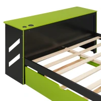 Chic Full-Size Wooden Daybed with Twin Trundle and Desk, Sturdy Bed with USB Port and Cable Management, 92" L x 58" W x 35.5" H, Green(m-8)