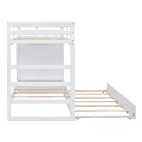 Elegant Twin-over-Twin Bunk Bed with Trundle and 4 Storage Drawers, Sturdy Pine Bed with Staircase and Slats, 97" L x 42.5" W x 65.5" H, White(m-9)