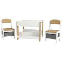 Qaba 3pc Kids Table and Chair Set with Reversible Tabletop Blackboard, Storage & Bookshelves, Natural(m-1)