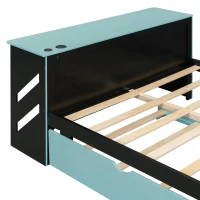Sleek Full-Size Daybed with Twin Trundle and Desk, Modern Gaming Bed with USB Port and Cable Management, 92" L x 58" W x 35.5" H, Blue(m-6)