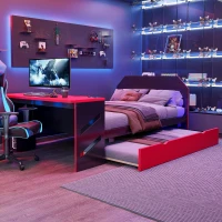 Sleek Full-Size Daybed with Twin Trundle and Desk, Modern Gaming Bed with USB Port and Cable Management, 92" L x 58" W x 35.5" H, Red(m-4)