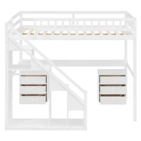 Chic Full-Size Loft Bed with Desk and LED Light, Space-Saving Storage Bed with 2 Drawers and Side Stairs, 79" L x 74.5" W x 68" H, White(m-12)