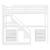 Chic Twin Loft Bed with Desk and 7-Color LED Lights, Space-Saving Storage Bed with 2 Drawers and Stairs, 79" L x 59.5" W x 68" H, White(m-13)