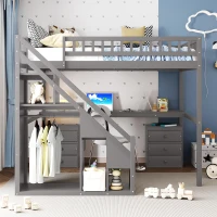 Elegant Full-Size Loft Bed with Desk and 2 Drawers, Chic Storage Bed with Side Staircase and LED Light, 79" L x 74.5" W x 68" H, Gray(m-1)