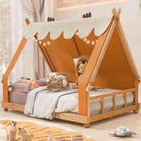 Modern Full-Size House Bed with Detachabl Tent, Sturdy Wooden Platform Bed with Skylight and 8 Slats, 79.5" L x 57.5" W x 63" H, Brown