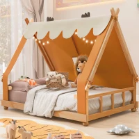 Modern Full-Size House Bed with Detachabl Tent, Sturdy Wooden Platform Bed with Skylight and 8 Slats, 79.5" L x 57.5" W x 63" H, Brown(m-1)