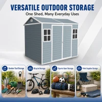 Resin Outdoor Storage Shed with Two Air Vents and Built-In Floor, Durable Garden Shed for Patio and Backyard, 96" L x 75" W x 85" H, Grey(m-6)