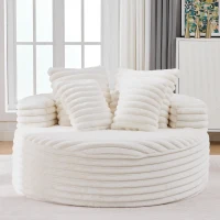 Plush Oversized Round Lounge Chair with Segmented Backrest, Velour Sofa with 4 Pillows and No Assembly, 54.5'' L x 54.5" W x 33" H, White(m-1)