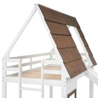 Chic Wood House Bunk Bed with Roof, Ladder and Slide, Kid-Friendly Twin Bed for Bedroom Kids Room, 78.5" L x 41.5" W x 81.5" H, White+Brown(m-8)