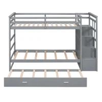 Modern Twin-over-Twin Bunk Bed with Trundle and 4 Storage Drawers, Sturdy Wooden Bed with Side Staircase, 97" L x 42.5" W x 65.5" H, Gray(m-11)
