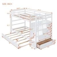 Elegant Twin-over-Twin Bunk Bed with Trundle and 4 Storage Drawers, Sturdy Pine Bed with Staircase and Slats, 97" L x 42.5" W x 65.5" H, White(m-3)