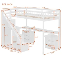 Chic Twin Loft Bed with Desk and 7-Color LED Lights, Space-Saving Storage Bed with 2 Drawers and Stairs, 79" L x 59.5" W x 68" H, White(m-3)