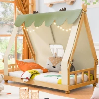 Whimsical Twin House Bed with Detachable Tent and Skylight, Sturdy Kids Wooden Platform Bed with 8 Slats, 79.5" L x 41" W x 63" H, White(m-4)