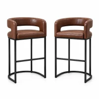 Modern Set of 2 Bar Stools with PU Leather and Curved Backrests, Counter-Height Kitchen Chairs with Metal Legs, 22" L x 21" W x 36" H, Brown(m-2)