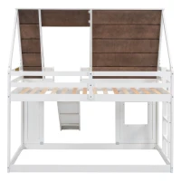 Chic Wood House Bunk Bed with Roof, Ladder and Slide, Kid-Friendly Twin Bed for Bedroom Kids Room, 78.5" L x 41.5" W x 81.5" H, White+Brown(m-6)