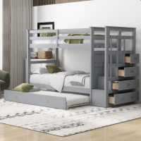 Modern Twin-over-Twin Bunk Bed with Trundle and 4 Storage Drawers, Sturdy Wooden Bed with Side Staircase, 97" L x 42.5" W x 65.5" H, Gray(m-4)