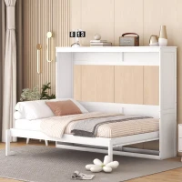 Chic Full-Size Murphy Wall Bed with Dual-Piston Mechanism, Modern Folding Cabinet Bed for Guest Room, 77.5" L x 61.5" W x 62" H, White(m-5)