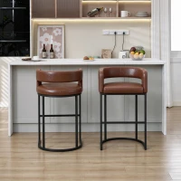 Modern Set of 2 Bar Stools with PU Leather and Curved Backrests, Counter-Height Kitchen Chairs with Metal Legs, 22" L x 21" W x 36" H, Brown(m-4)
