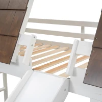 Chic Wood House Bunk Bed with Roof, Ladder and Slide, Kid-Friendly Twin Bed for Bedroom Kids Room, 78.5" L x 41.5" W x 81.5" H, White+Brown(m-9)