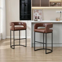 Modern Set of 2 Bar Stools with PU Leather and Curved Backrests, Counter-Height Kitchen Chairs with Metal Legs, 22" L x 21" W x 36" H, Brown(m-1)