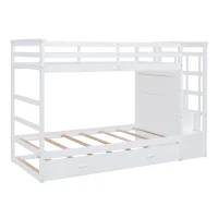 Elegant Twin-over-Twin Bunk Bed with Trundle and 4 Storage Drawers, Sturdy Pine Bed with Staircase and Slats, 97" L x 42.5" W x 65.5" H, White(m-13)