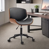 HOMCOM Mid-Century Modern Office Chair No Arms with Wheels, Small Computer Desk Chair with PU Leather Upholstery, Bentwood(m-1)