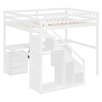 Chic Full-Size Loft Bed with Desk and LED Light, Space-Saving Storage Bed with 2 Drawers and Side Stairs, 79" L x 74.5" W x 68" H, White(m-13)