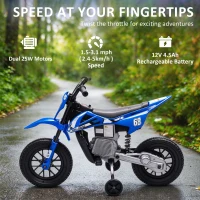 Qaba 12V Kids Dirt Bike, Electric Motorcycle with Twist Grip Throttle, Training Wheels, Rear Suspension & Music, Blue(m-4)