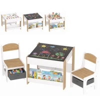 Qaba 3 Piece Kids Table and Chair Set with Reversible Tabletop, Blackboard, Storage, Bookshelf, for Playroom, Nursery Natural(m-13)