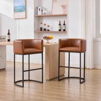 Elegant Set of 2 Counter-Height Bar Stools with PU Leather, Comfortable Kitchen Chairs with Armrests and Footrests, 22'' L x 20" W x 36" H, Brown(m-1)