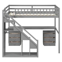 Elegant Full-Size Loft Bed with Desk and 2 Drawers, Chic Storage Bed with Side Staircase and LED Light, 79" L x 74.5" W x 68" H, Gray(m-13)