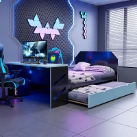 Sleek Full-Size Daybed with Twin Trundle and Desk, Modern Gaming Bed with USB Port and Cable Management, 92" L x 58" W x 35.5" H, Blue(m-4)