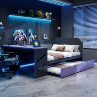 Modern Full-Size Daybed with Twin Trundle and Desk, Sturdy Sofa Bed with USB Port and Cable Management, 92" L x 58" W x 35.5" H, Purple(m-4)