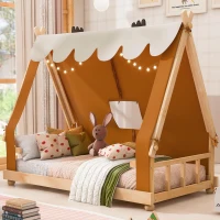 Whimsical Twin House Bed with Detachable Tent and Skylight, Sturdy Kids Wooden Platform Bed with 8 Slats, 79.5" L x 41" W x 63" H, Brown(m-4)