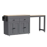 Chic Rolling Kitchen Island with Extendable Dining Table, Space-Saving Storage Cart with 4 Doors and 2 Drawers, 74.5" L x 19.5" W x 36" H, Grey(m-2)